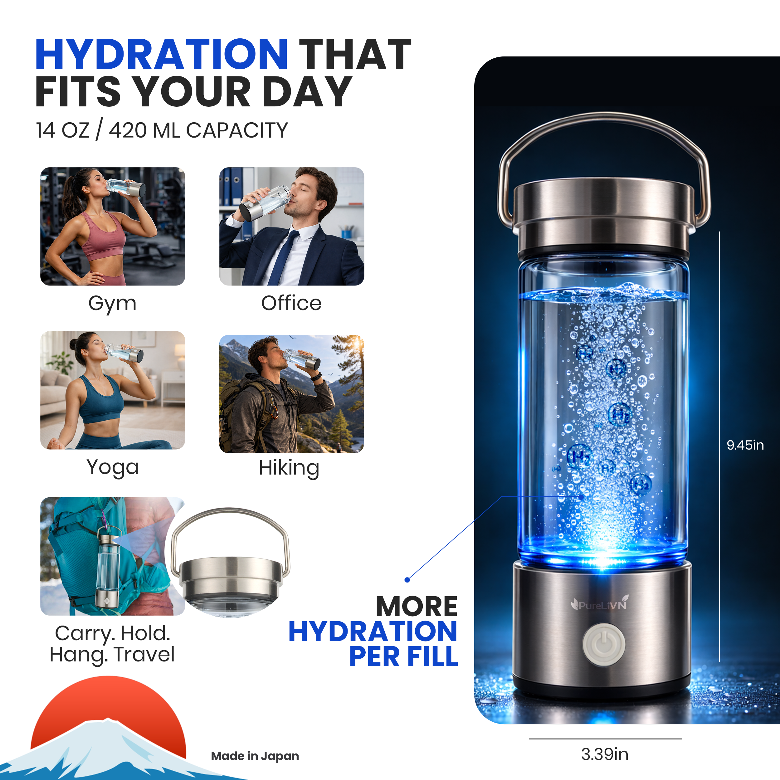 PureLivn Hydrogen Water Bottle 14 oz / 420 ml Capacity