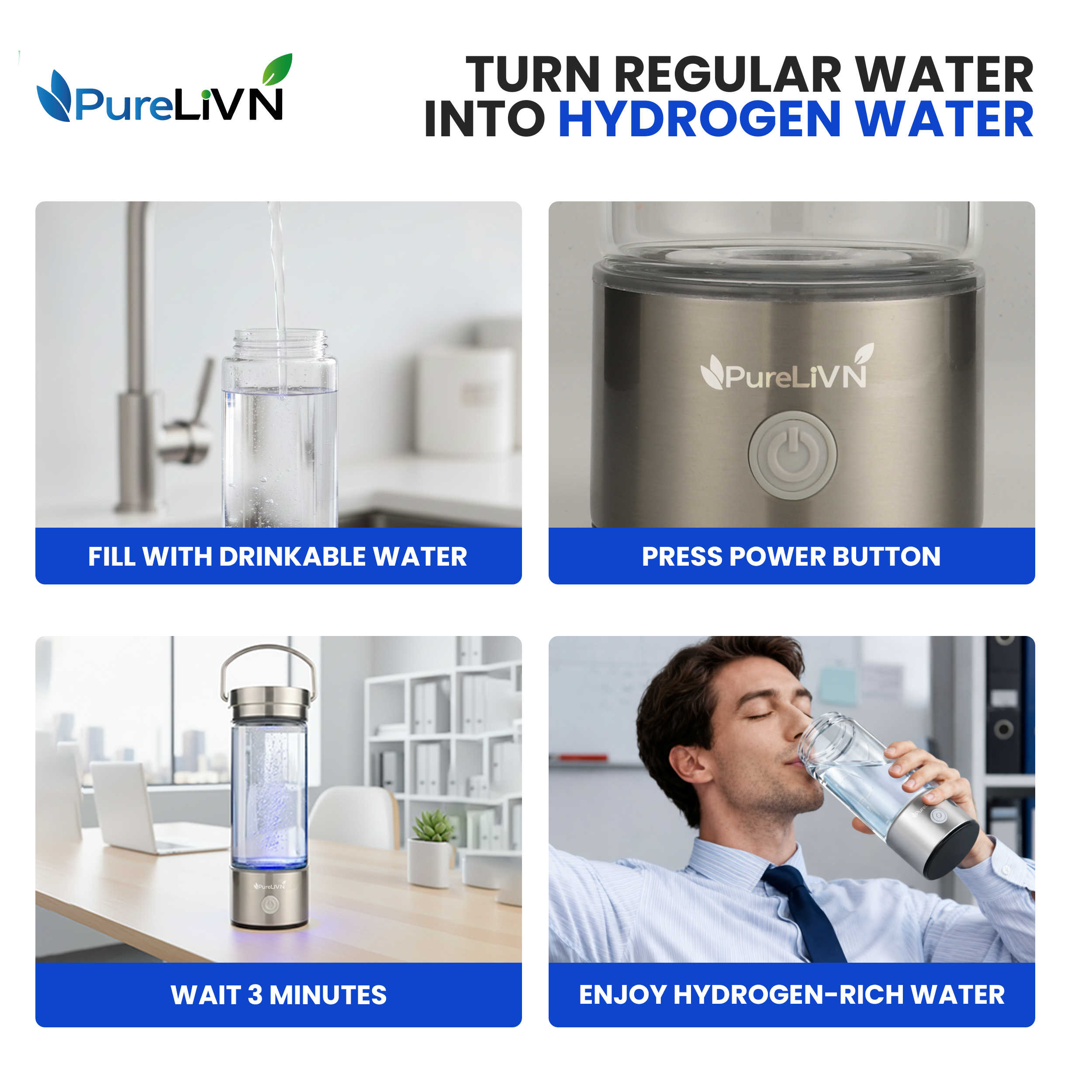 PureLivn Hydrogen Water Bottle 14 oz / 420 ml Capacity
